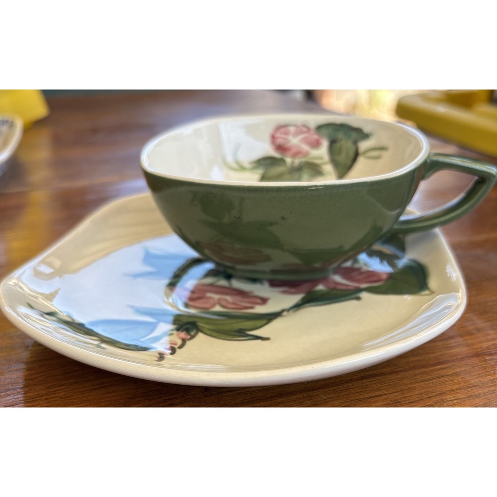 Vtg 1950s Pottery Blossom Time Green SINGLE Cup Saucer SET Hand Painted Floral